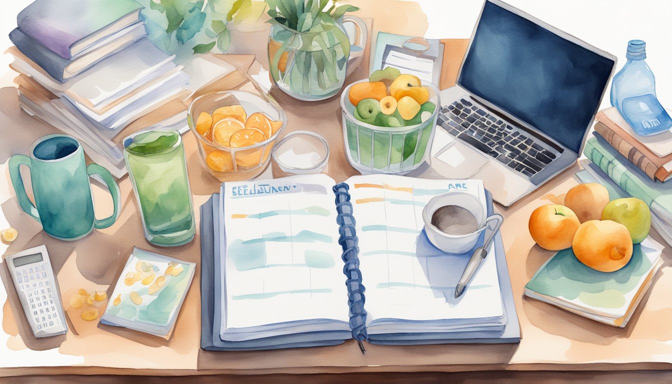 A desk cluttered with law books and a laptop, surrounded by healthy snacks and a water bottle.</p><p>A calendar with deadlines and self-care reminders