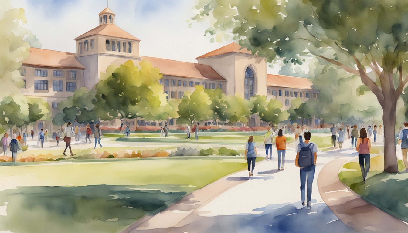 The Stanford University campus bustling with students and faculty, surrounded by state-of-the-art STEM facilities and laboratories