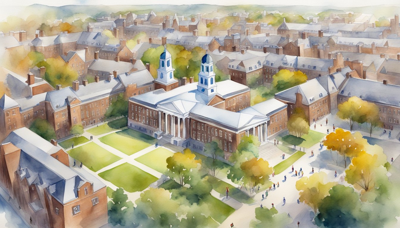 Aerial view of Harvard University campus with prominent STEM buildings and students engaged in science and technology activities