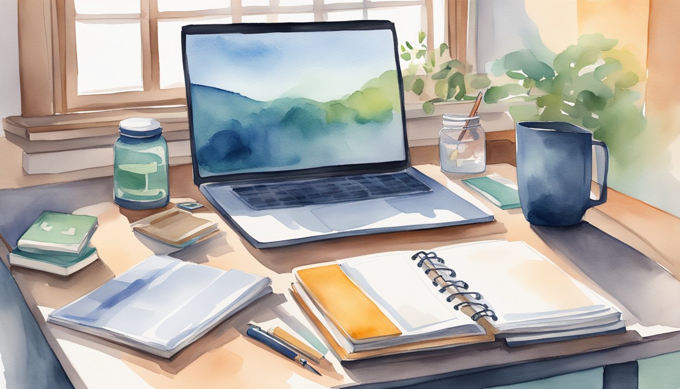 A desk with a laptop, law textbooks, and a planner.</p><p>A yoga mat and water bottle nearby.</p><p>Natural light fills the room.</p><p>A clock shows a balance of work and study time