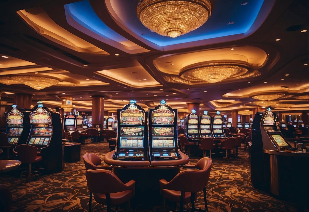 Brightly lit casino interior with slot machines, card tables, and digital screens displaying various games and software options. A lively atmosphere with patrons enjoying the entertainment