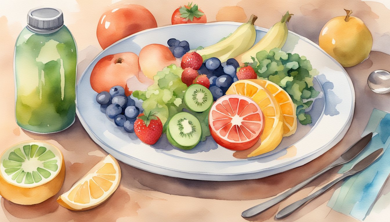 A colorful plate with a variety of fruits, vegetables, whole grains, and lean proteins.</p><p>A water bottle and a balanced meal plan on a table