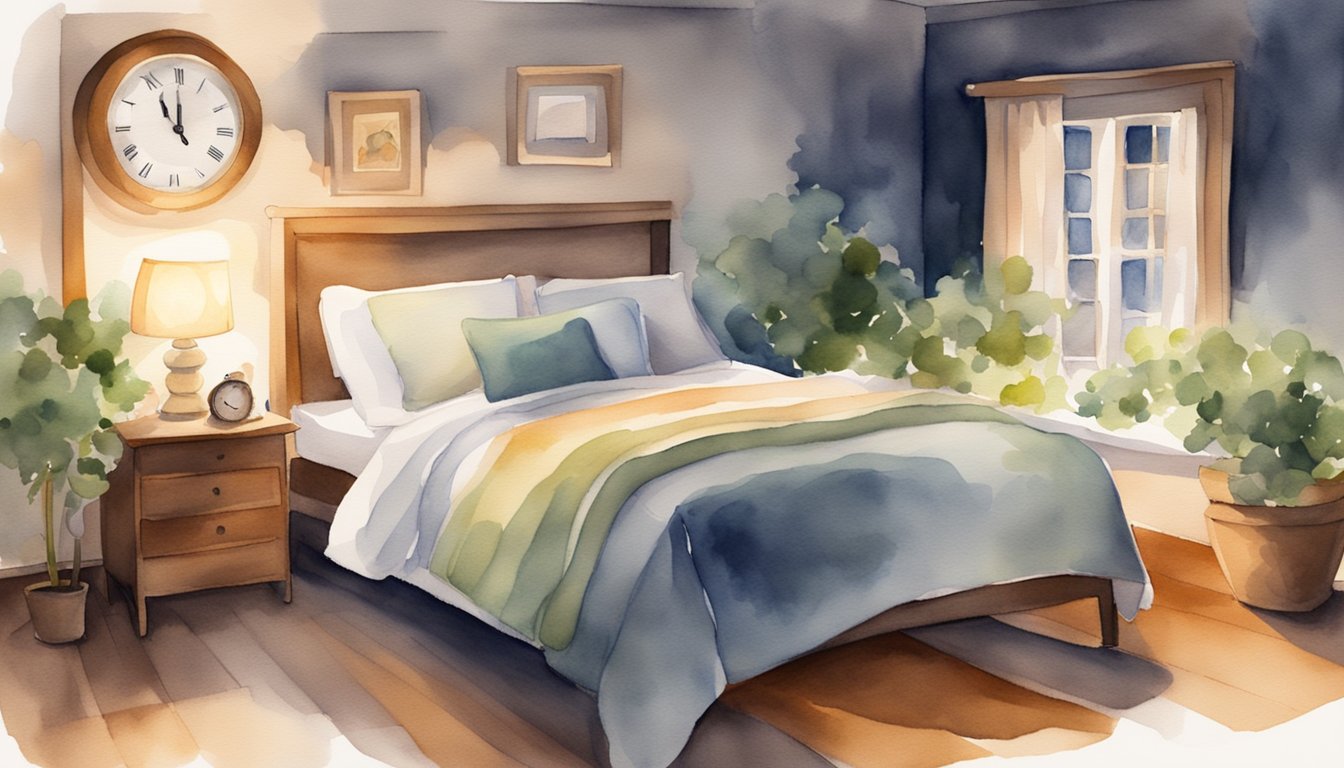 A cozy bed with soft blankets and pillows, a dimly lit room, a clock showing a reasonable bedtime, and a peaceful atmosphere conducive to rest