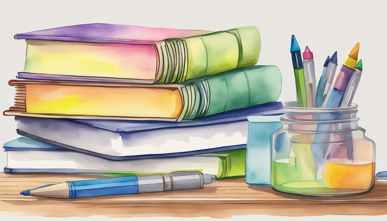 A stack of LSAT prep books and study materials arranged neatly on a desk, with a highlighter and notebook ready for use