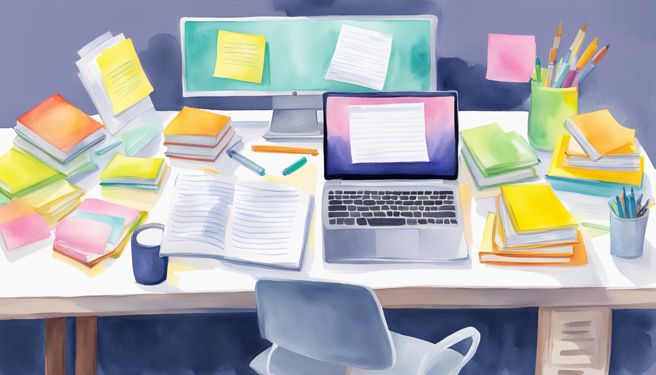 A desk with open books, highlighters, and practice tests scattered around.</p><p>A laptop displaying LSAT PrepTest 87.</p><p>Post-it notes with study reminders