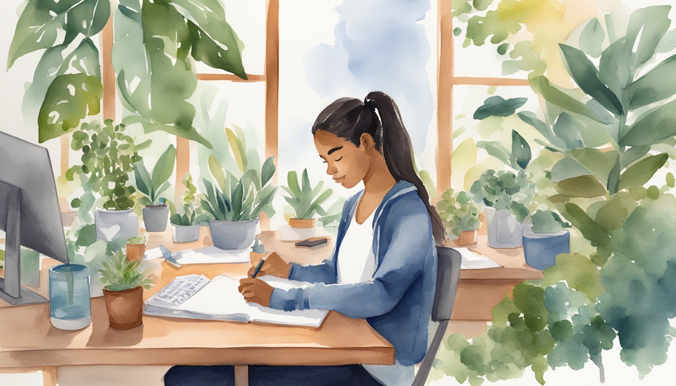 A college student sits at a desk, surrounded by plants and exercise equipment.</p><p>They are writing in a journal and sipping on a glass of water, with a yoga mat rolled up in the corner