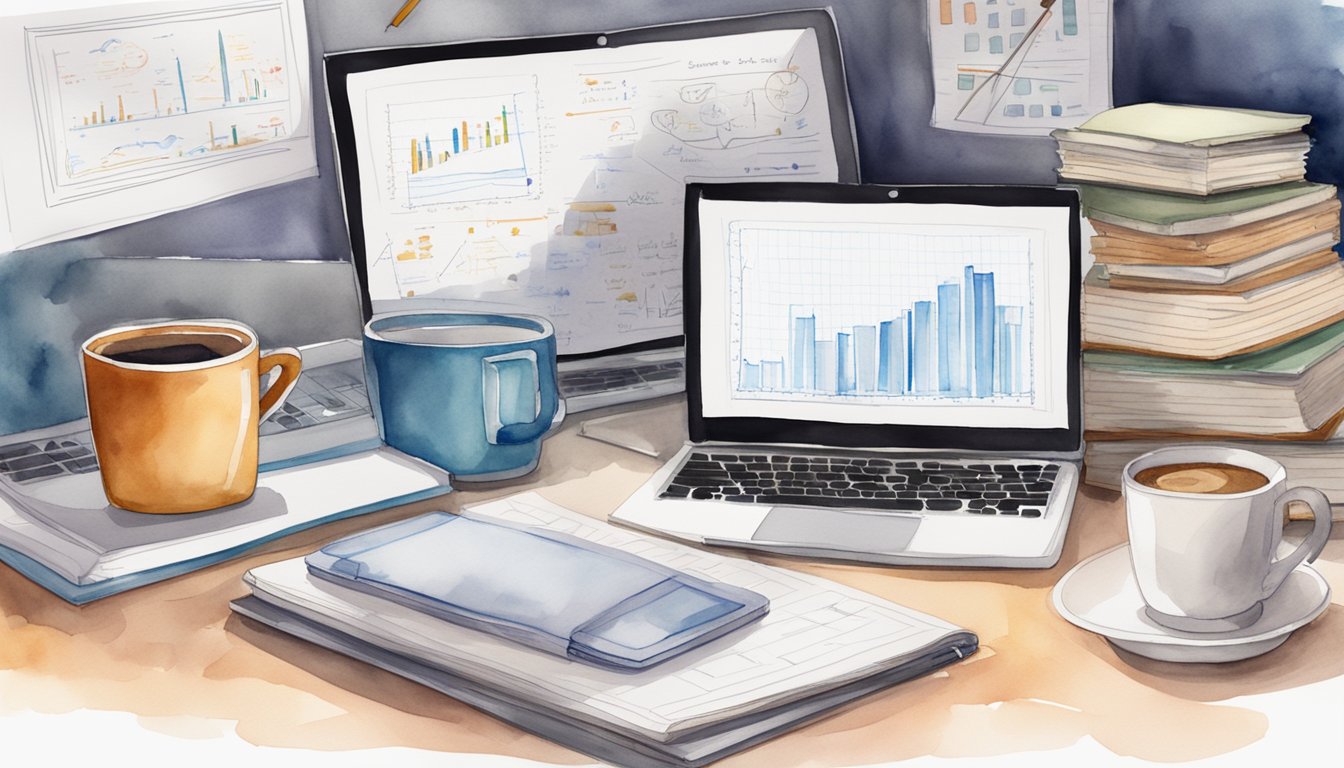 A laptop surrounded by books and charts, with a cup of coffee nearby.</p><p>A whiteboard filled with equations and diagrams in the background