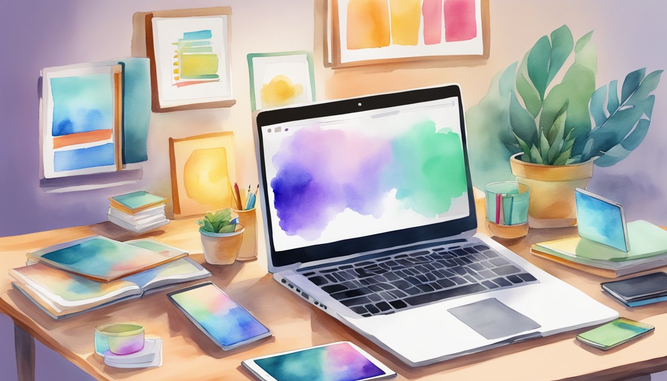 A colorful array of digital devices and books arranged on a desk, with a laptop open to Udemy's website showcasing various e-learning courses