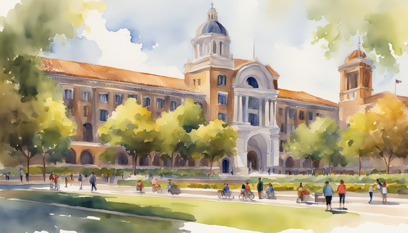 The University of Southern California's campus is bustling with activity as military veterans engage in online classes.</p><p>The iconic university buildings and vibrant atmosphere create a dynamic scene for an illustrator to recreate