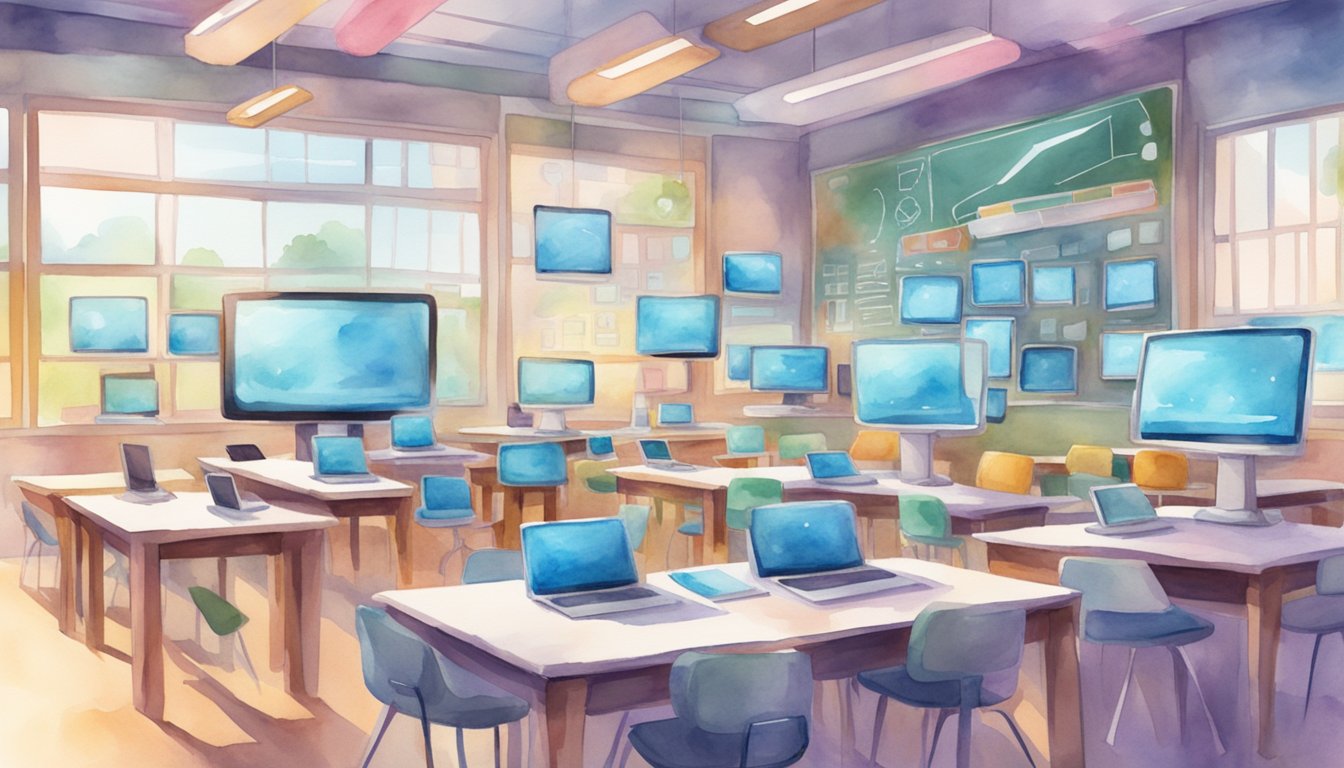 A futuristic classroom with diverse digital devices and interactive screens, representing e-learning platforms for all ages