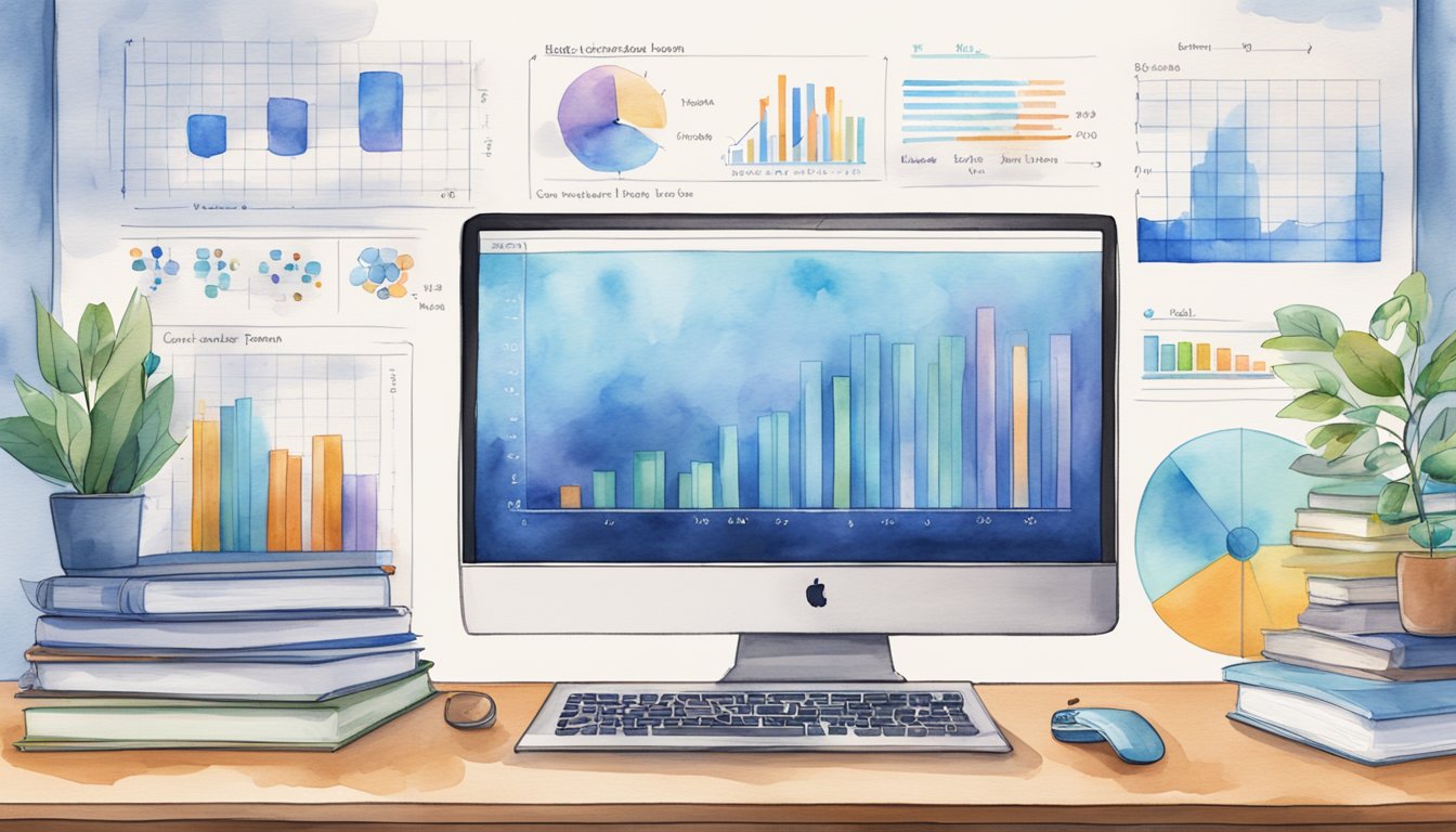 A computer screen displays 14 blog titles on data science.</p><p>A stack of books and a notebook sit nearby.</p><p>Graphs and charts adorn the walls