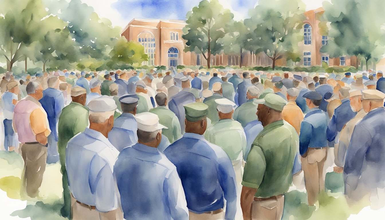 A group of military veterans gather at the University of Florida, surrounded by online college resources