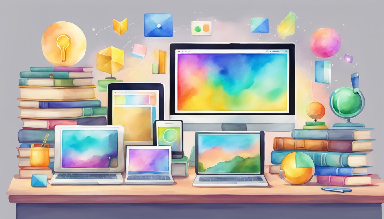 A colorful array of digital devices displaying various e-learning platforms, surrounded by books and educational materials