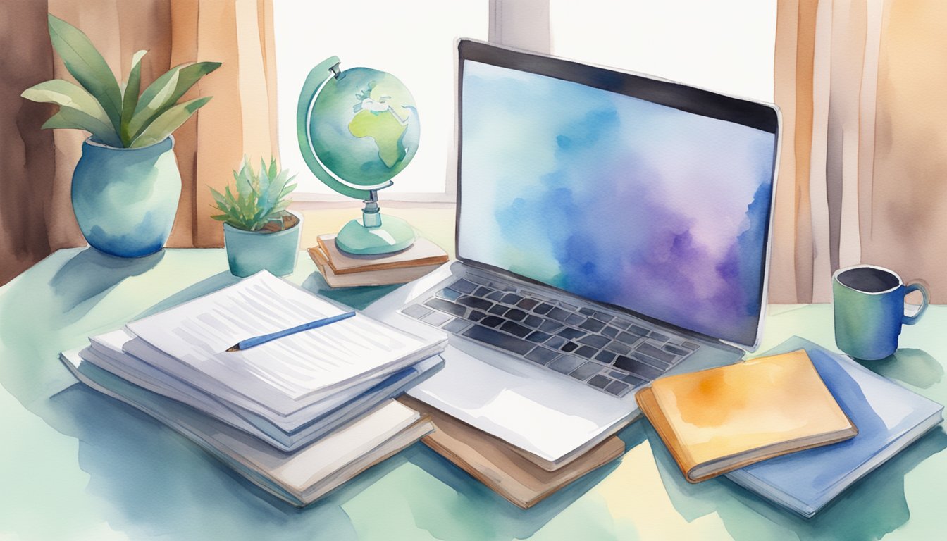 A laptop, books, and a globe on a desk with a distance learning brochure and a certificate from Open University UK