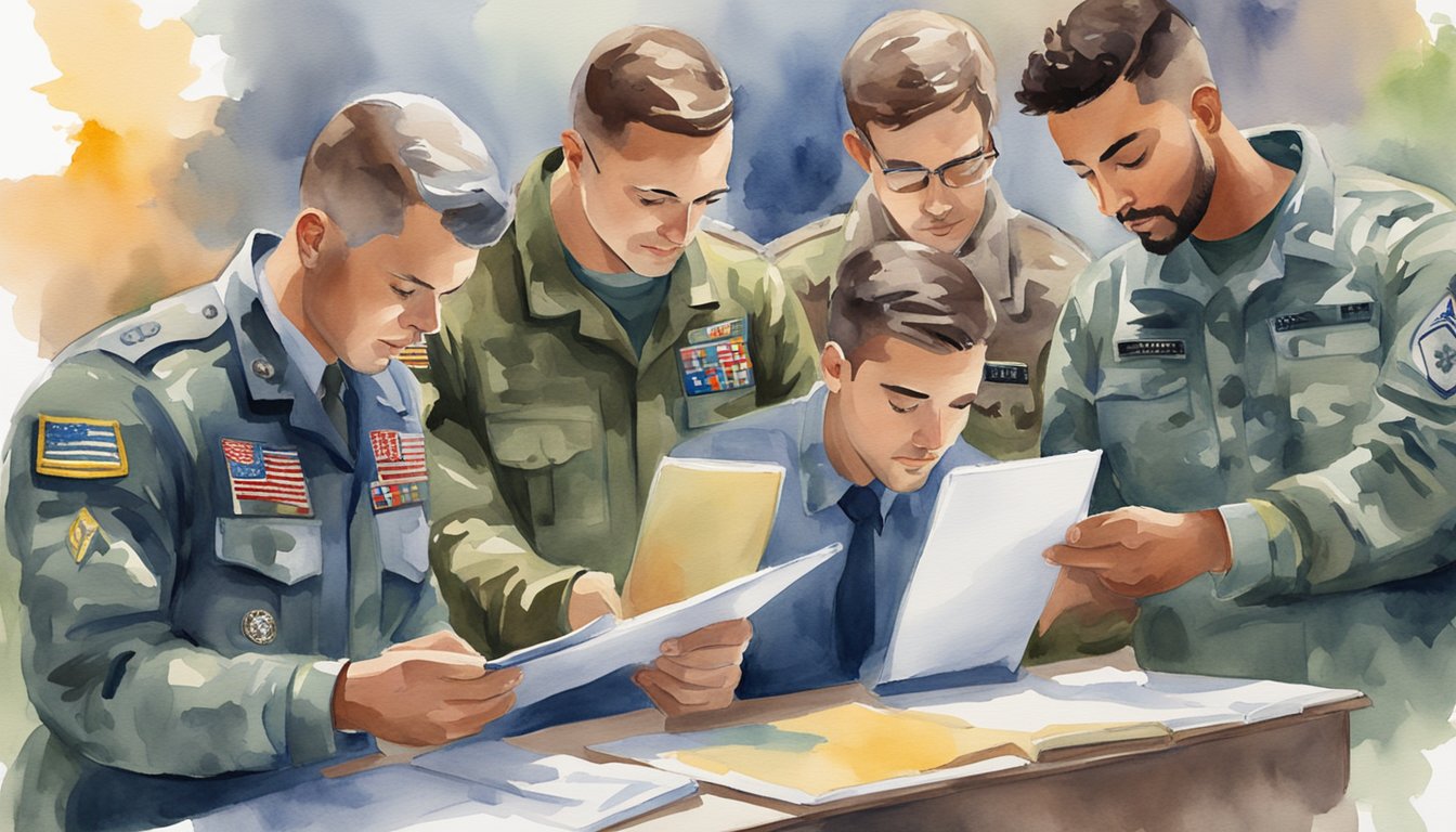 A group of military veterans browse through a list of top-rated online colleges, comparing and analyzing their options.</p><p>The veterans are engaged and focused as they make the important decision of choosing the right online college for their future