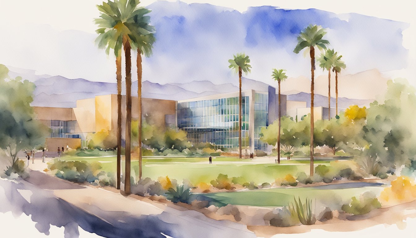 The Arizona State University campus is surrounded by desert landscape with iconic palm trees and modern architecture, showcasing a vibrant and dynamic learning environment