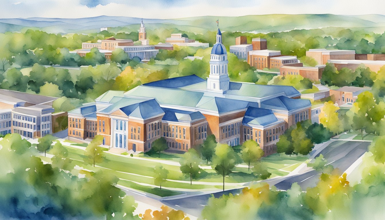 A bustling campus with iconic buildings and green spaces, showcasing the vibrant energy of Liberty University