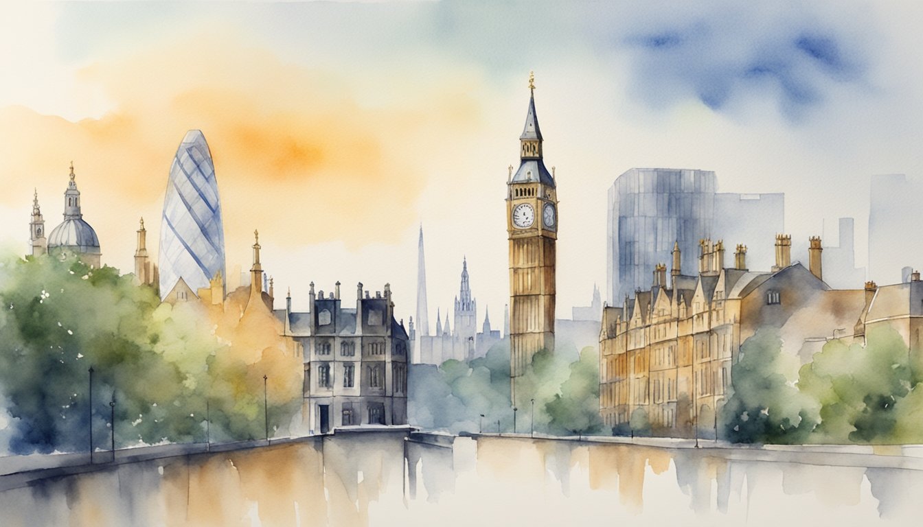 A row of iconic university buildings in London, with the city skyline in the background