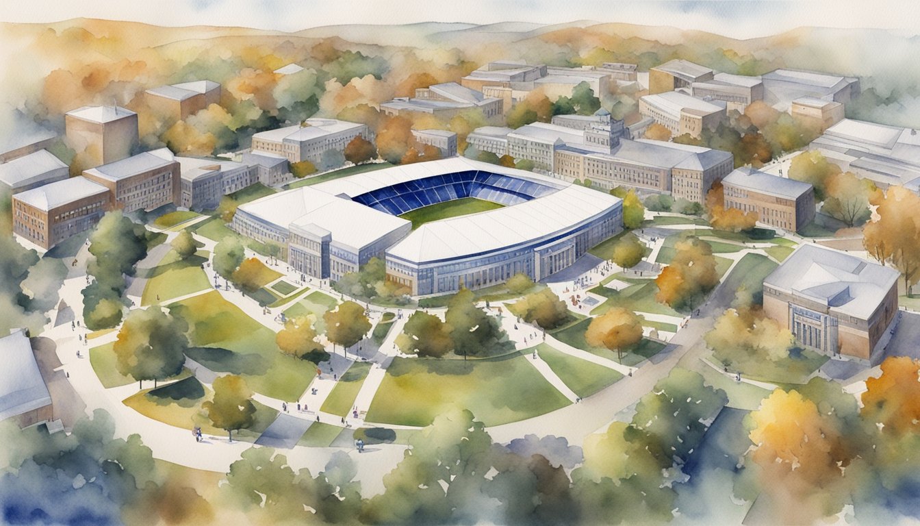 Aerial view of Penn State World Campus surrounded by 9 university logos