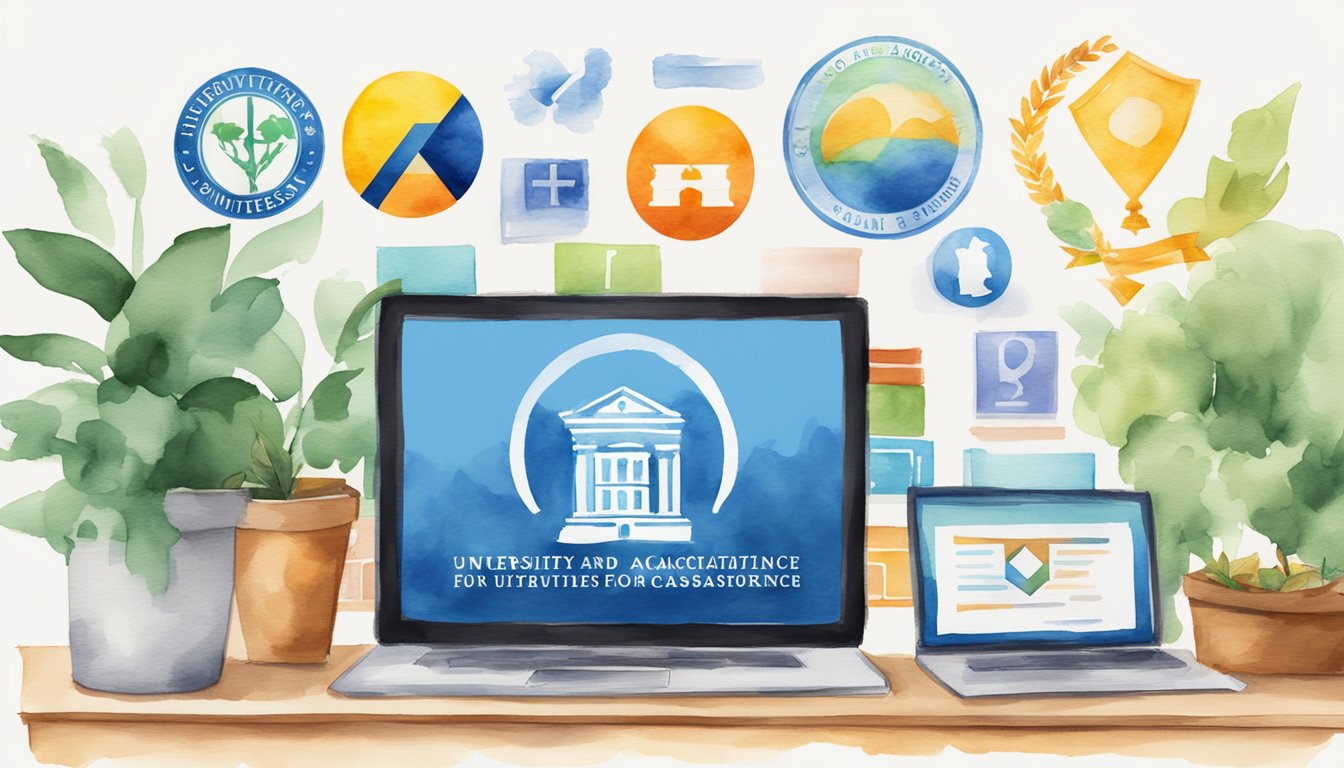 A row of university logos displayed on a computer screen, with a banner reading "Accreditation and Quality Assurance 9 Top Universities for Distance Learning" above them