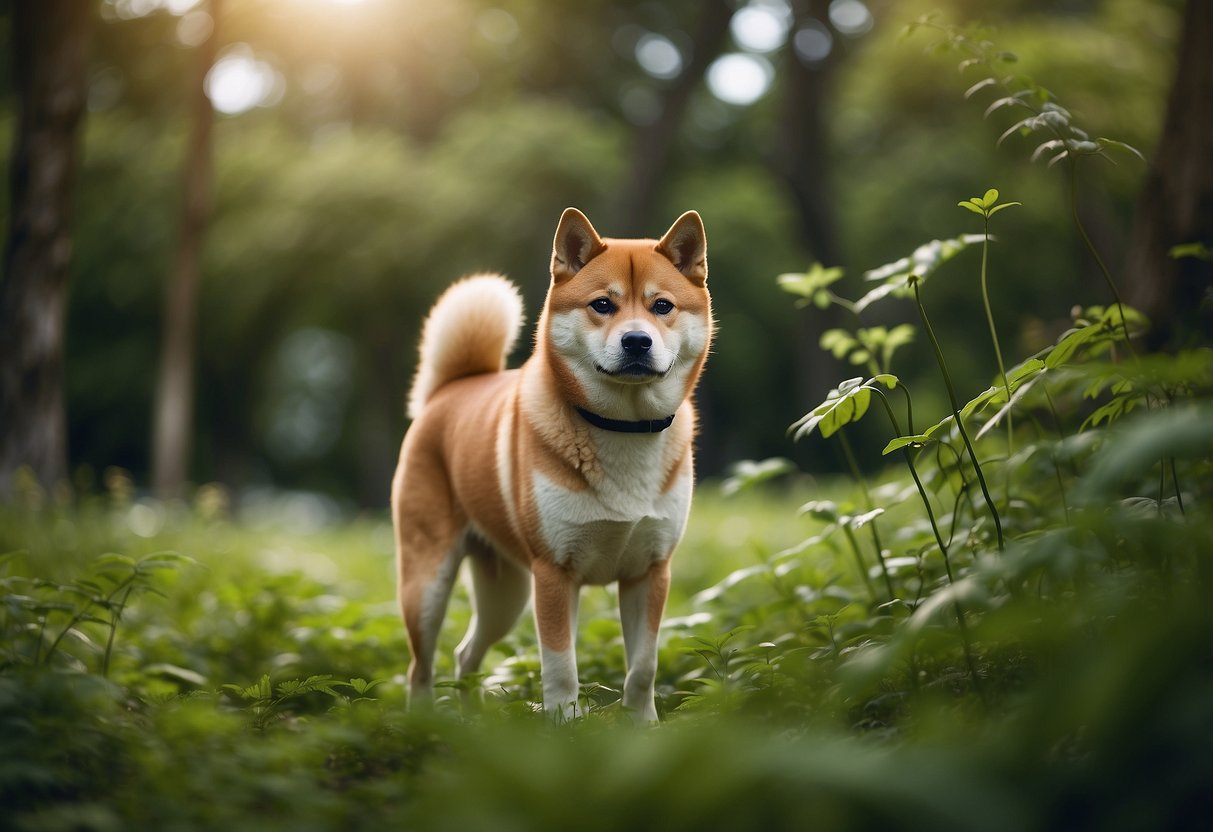 A Shiba Inu stands proudly in a lush green ecosystem, surrounded by trees and vibrant flora, exuding a sense of strength and resilience