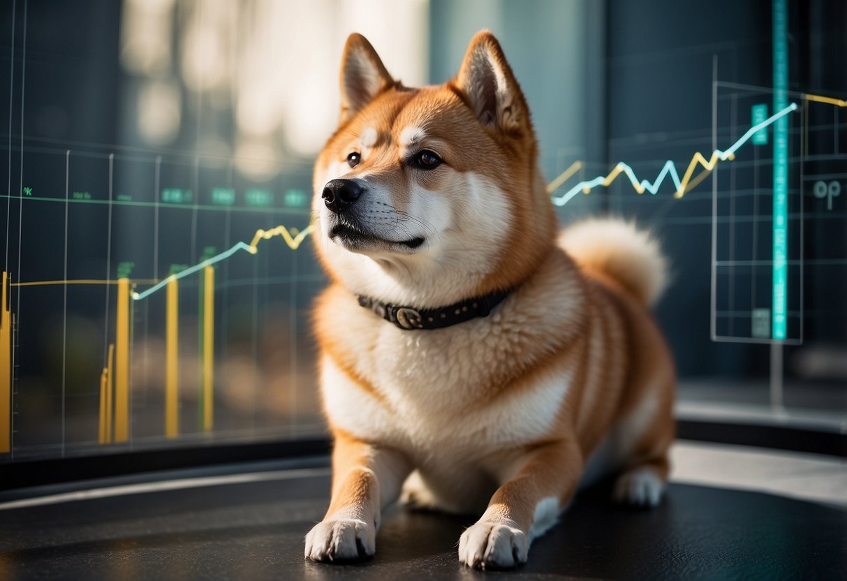 A graph showing Shiba Inu's price increasing towards $1 with technical analysis indicators