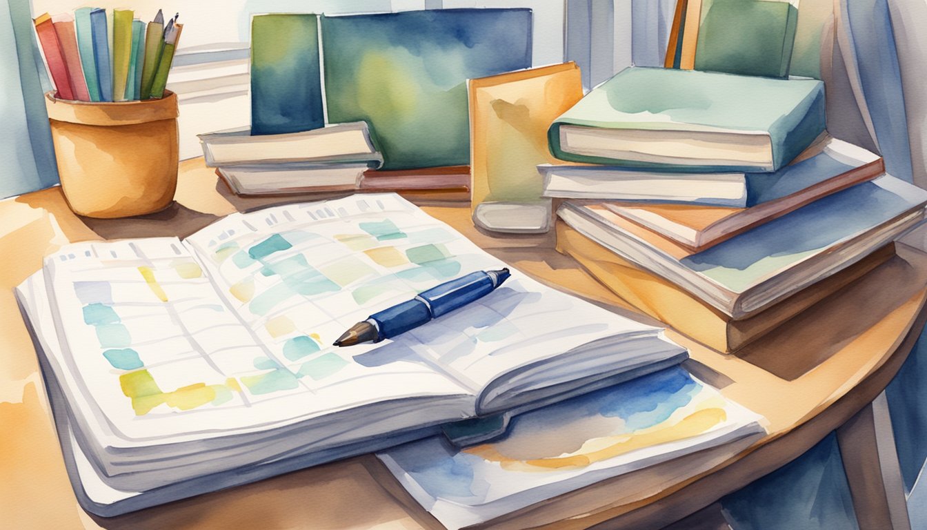 A student's desk with textbooks, laptop, and notes.</p><p>A wall calendar showing upcoming deadlines.</p><p>A trophy or award for academic achievement