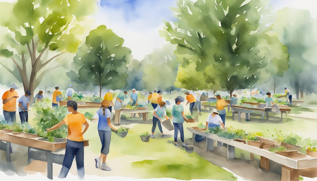 A group of volunteers clean up a park, plant trees, and paint benches, while others organize a food drive and help at a local shelter