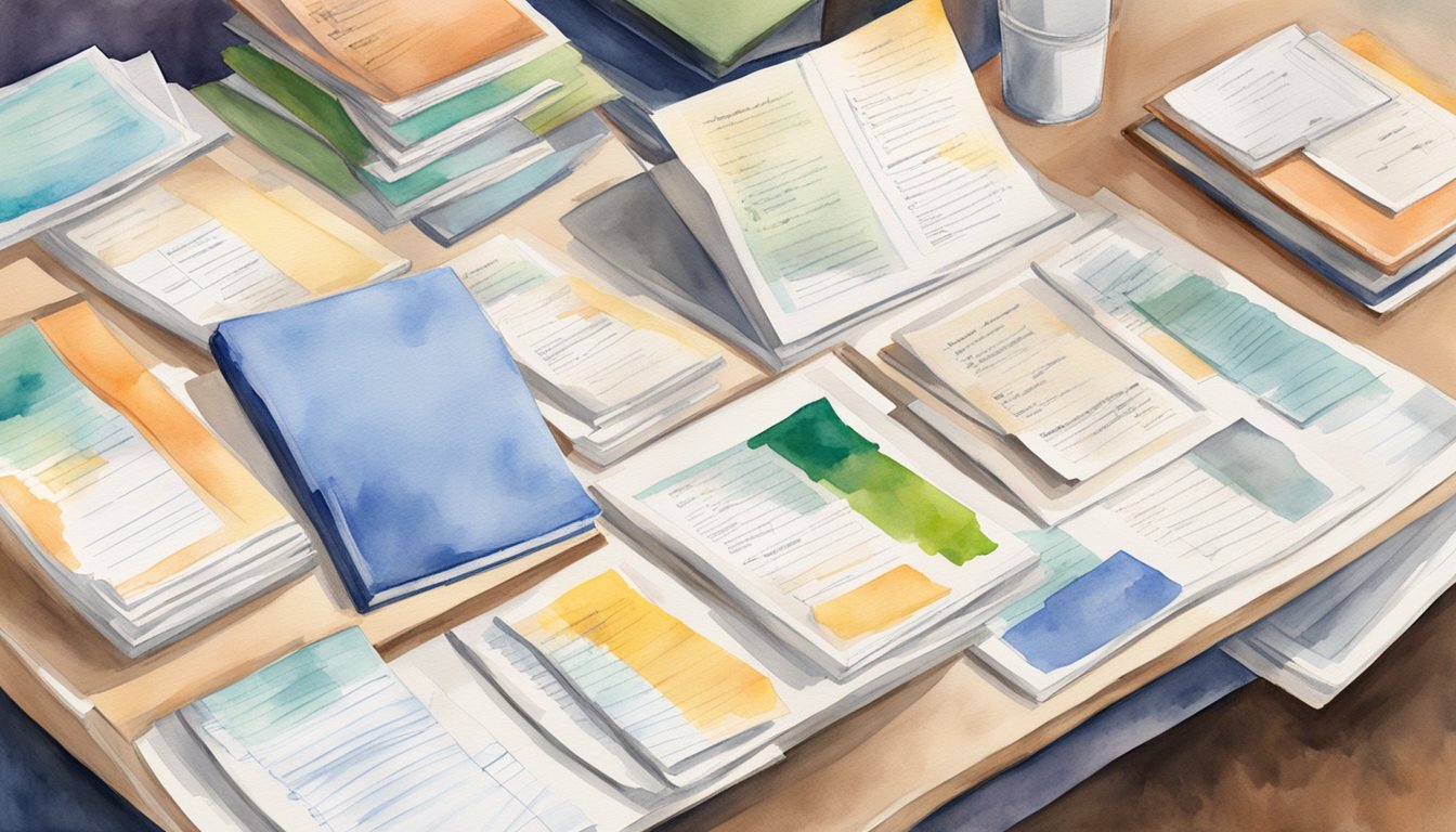 A stack of college brochures surrounded by academic transcripts, volunteer certificates, and recommendation letters.</p><p>A checklist with highlighted admission criteria