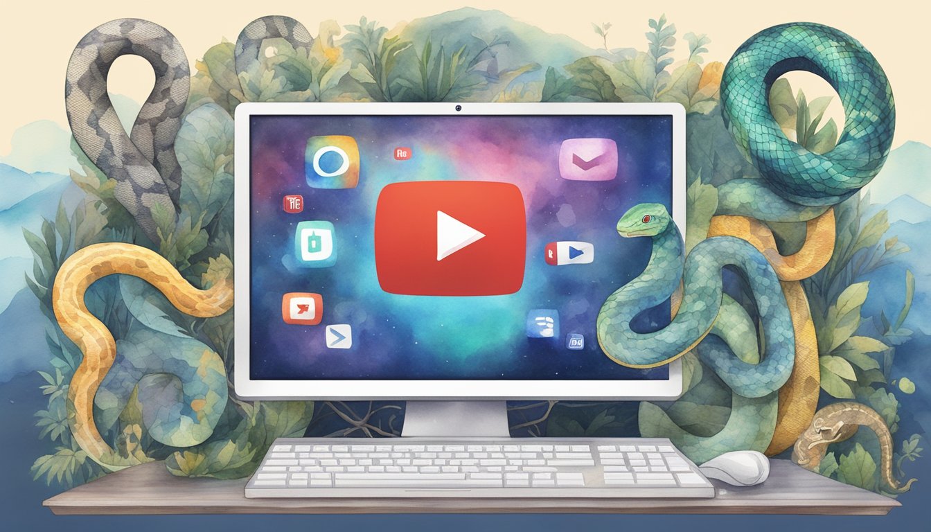 A computer screen displaying 13 YouTube channel logos, with a python snake slithering through the AI-themed graphics