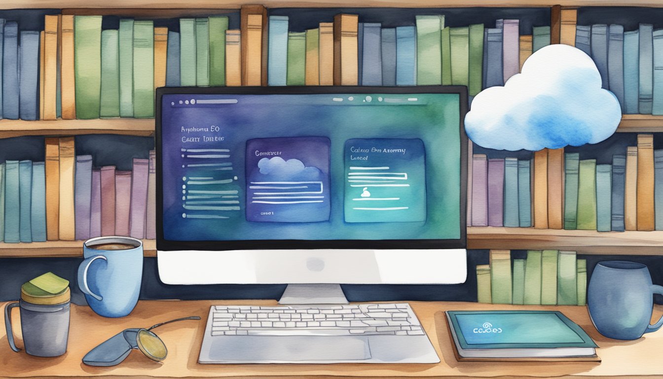 A computer screen displays the Linux Academy (A Cloud Guru) website, surrounded by various DevOps-related books and a cup of coffee