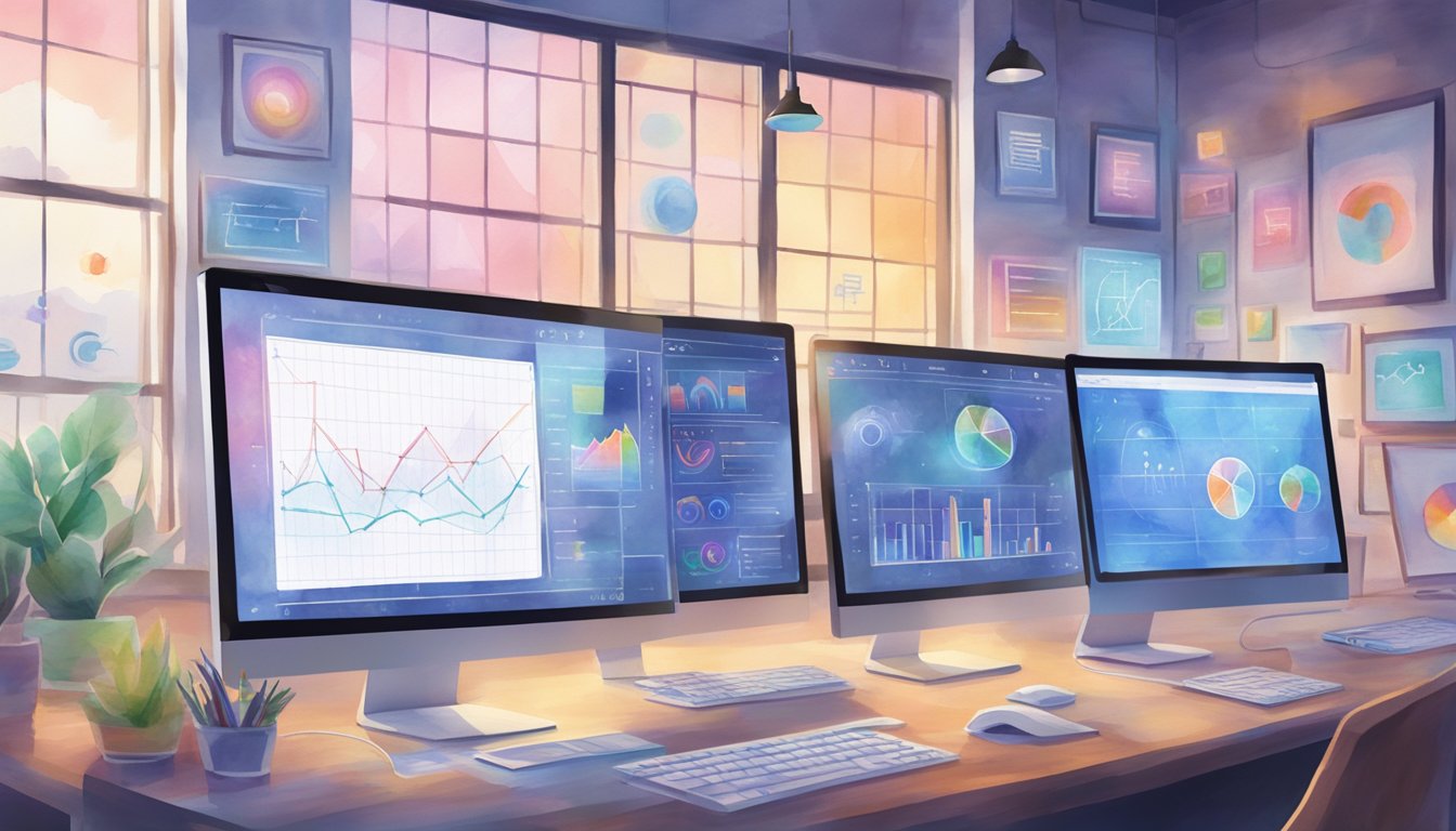 Various AI concepts and logos displayed on computer screens, with charts and graphs in the background.</p><p>Bright studio lighting enhances the clarity of the images