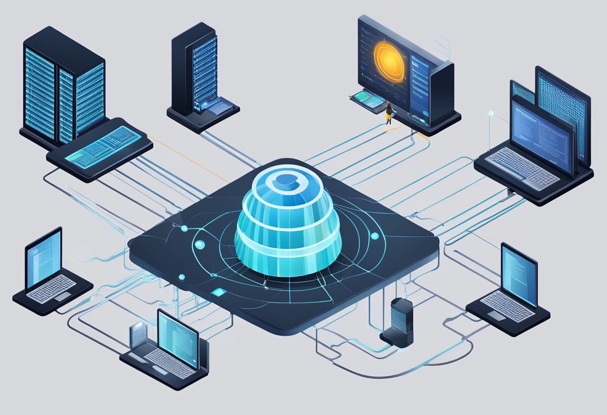 A web server is depicted as a powerful, centralized hub of digital information, with data flowing in and out, connecting to various devices and users