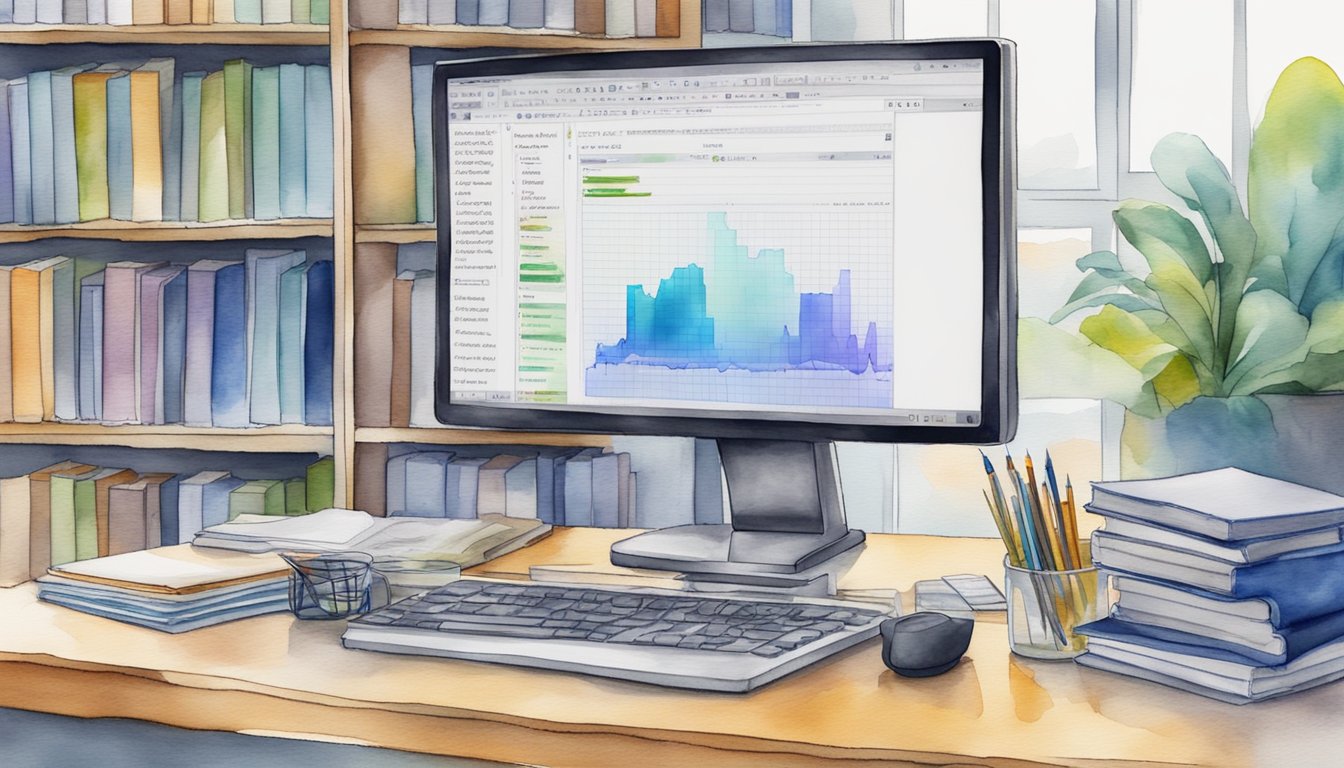 A computer monitor displaying R and Hadoop code, surrounded by books and online resources on big data analytics