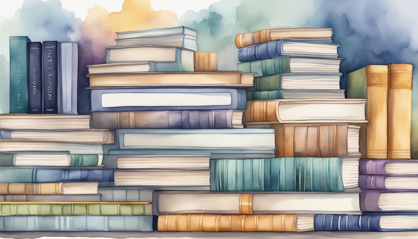 A stack of 14 books on data science, surrounded by various learning resources such as online courses, tutorials, and study materials