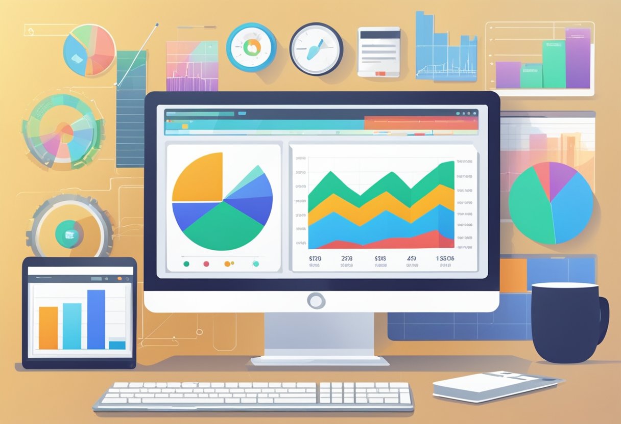 A computer displaying web marketing analytics and performance metrics. Graphs and charts show data trends and key performance indicators