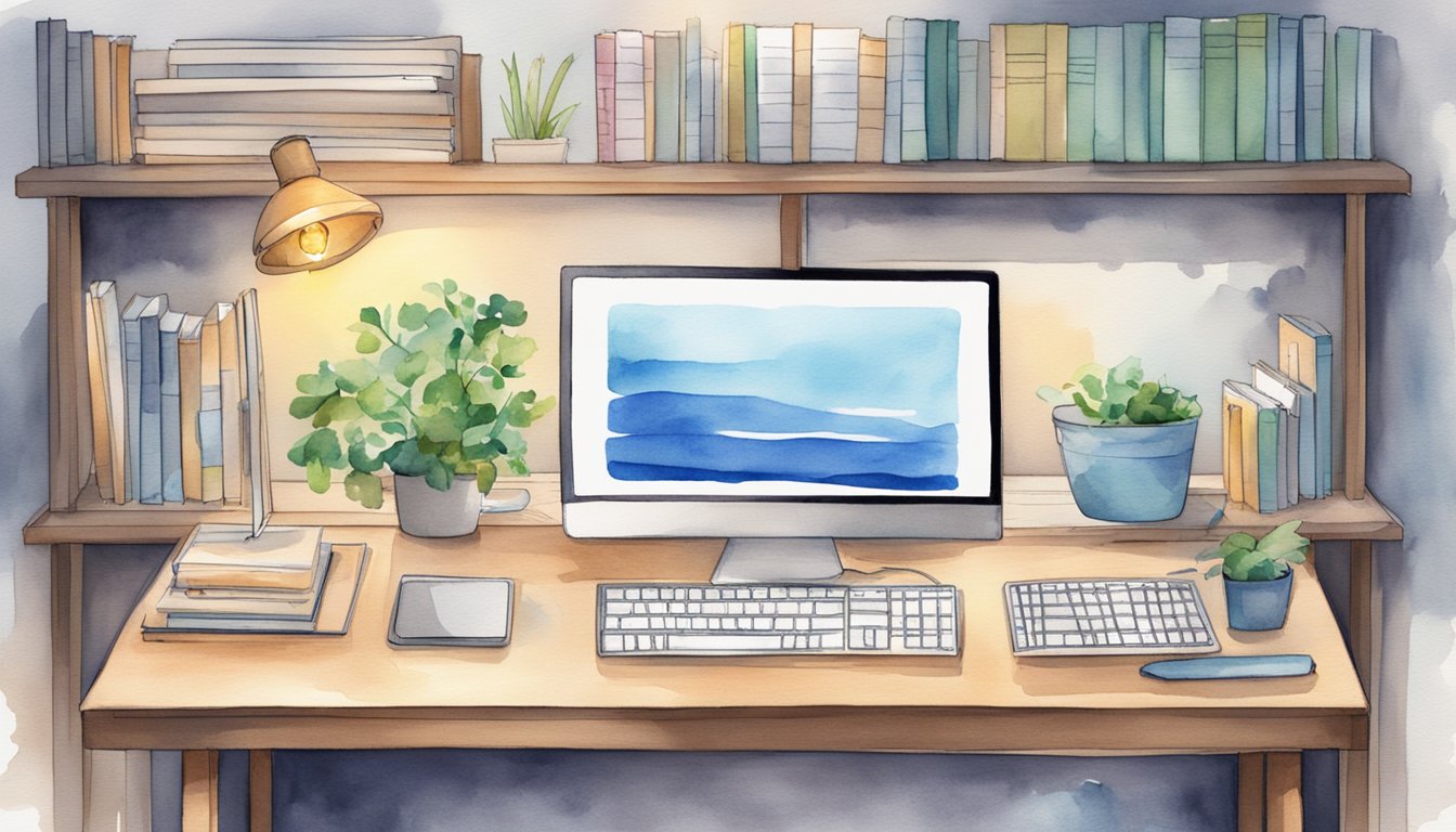 A desk with a computer, notebook, and pen.</p><p>A bookshelf with deep learning resources.</p><p>A poster with "Simple Models: 11 Tips for Getting Started with Deep Learning" on the wall