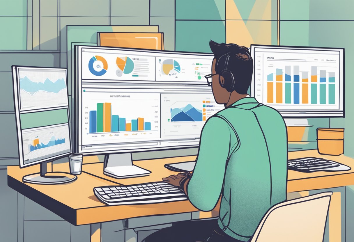 A person looking at a computer screen with a website traffic analytics dashboard displayed