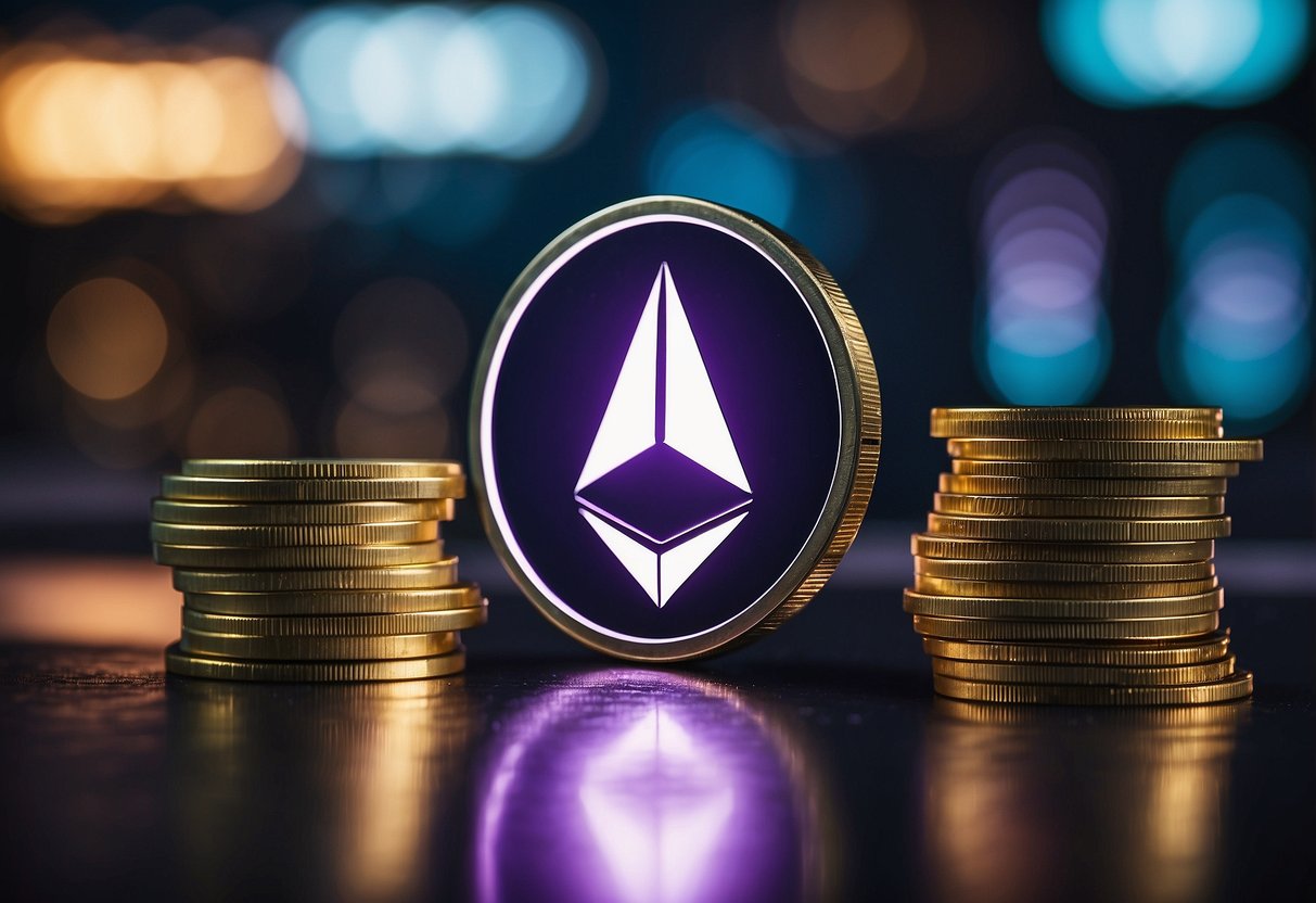 A glowing Ethereum symbol shines above a row of sleek, modern casinos, showcasing the key advantages of using Ethereum for online gambling