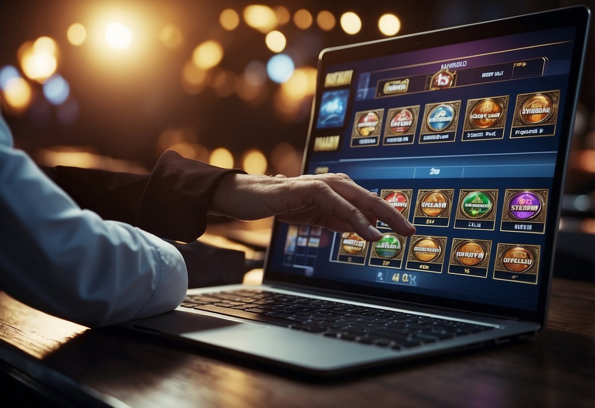 A hand hovers over a screen, selecting from a variety of games in an Ethereum casino. The digital interface displays options for slots, poker, and roulette