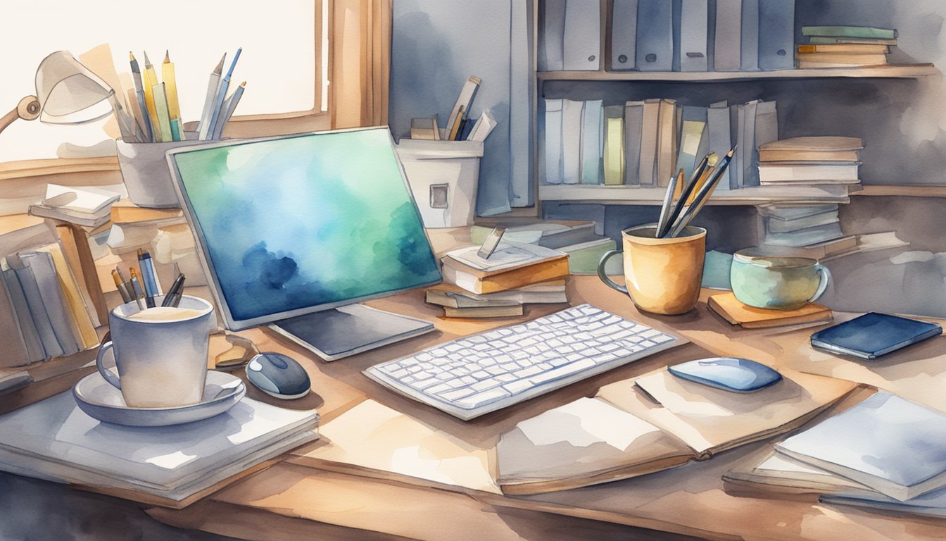 A desk with a computer, keyboard, mouse, and various web development tools scattered around.</p><p>Books, pens, and a cup of coffee are also on the desk