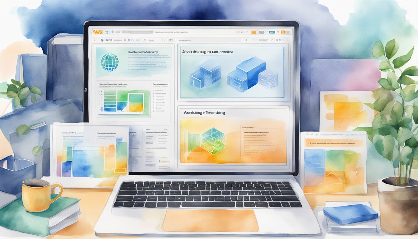 A computer screen displays "AWS Training: Architecting on AWS" with cloud computing images and 10 best online courses listed