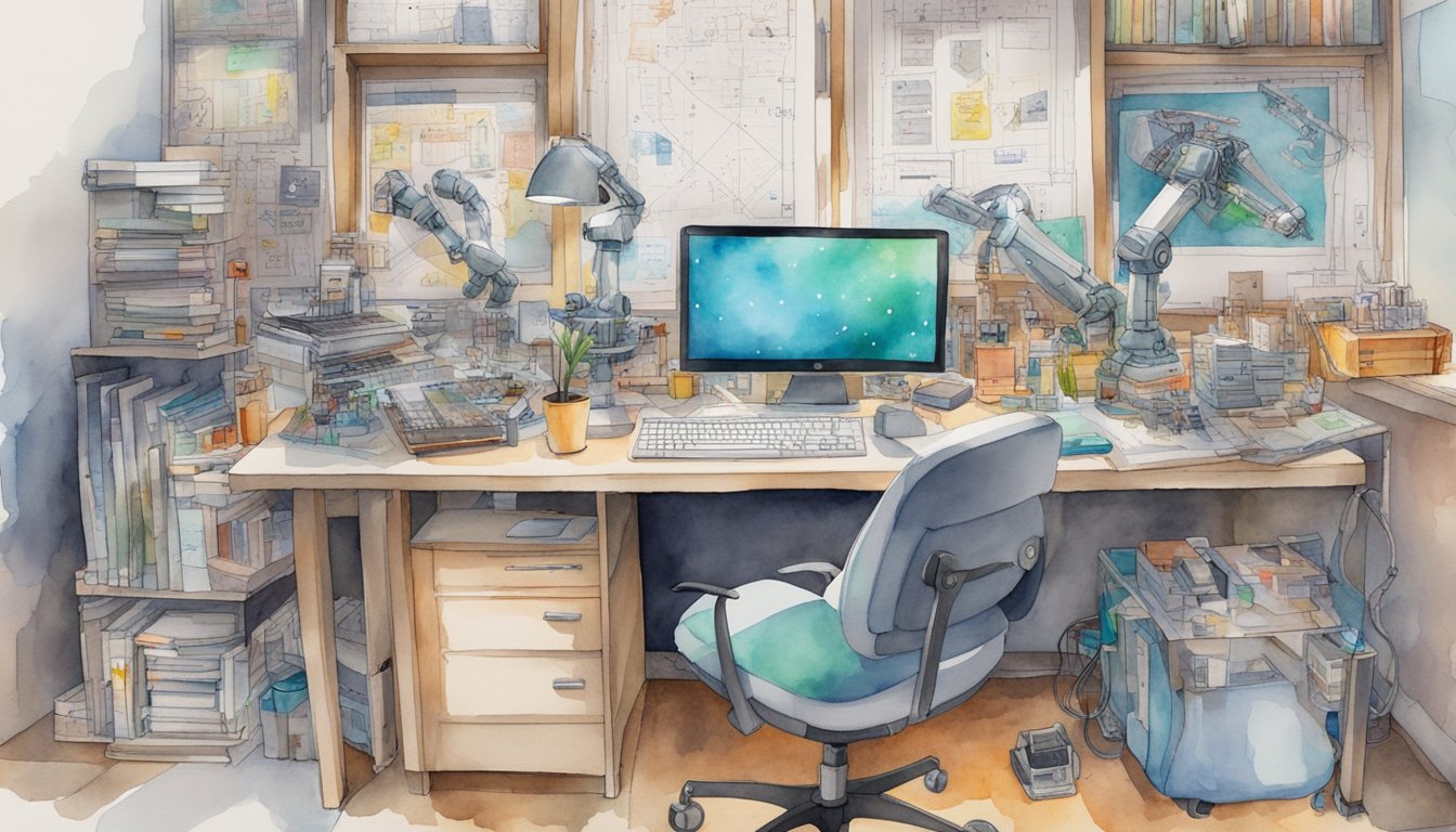 A cluttered desk with a computer, robot kits, and programming books.</p><p>Posters of circuit diagrams and robotic arms cover the walls