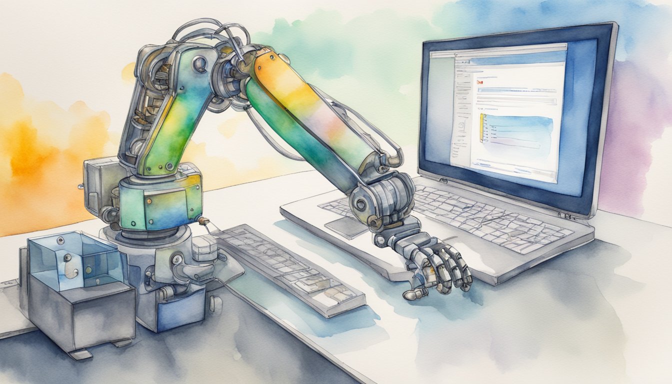 A robot arm manipulates a computer mouse to access the "Microsoft Learn: Robotics" website.</p><p>Code and circuit diagrams are displayed on the screen