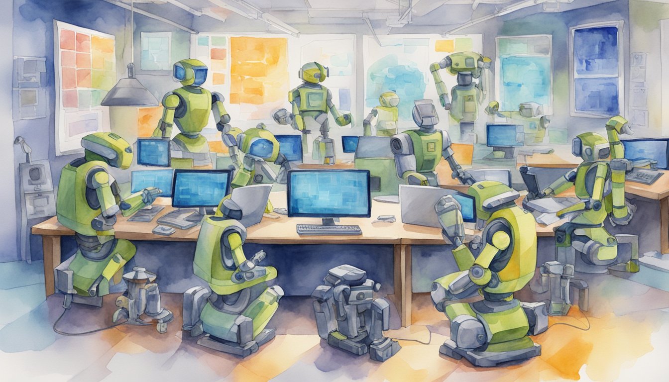 Various robots engaged in programming activities, surrounded by computer screens displaying advanced algorithms