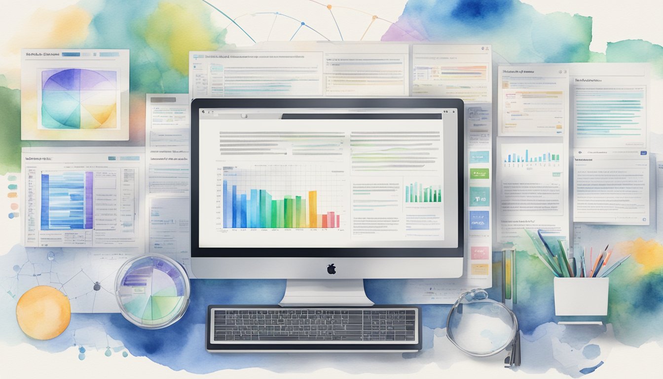 A computer screen displays a blog post titled "ArXiv Insights 12 Best Blogs for Staying Updated on Machine Learning Trends." Surrounding the screen are various open tabs showing related articles and graphs