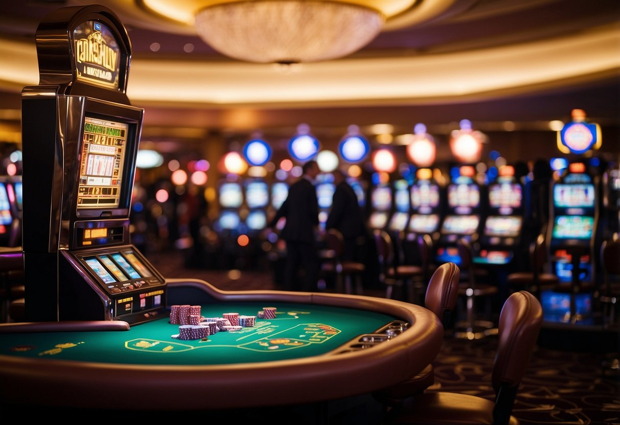 The casino floor is filled with the sounds of games and betting options. Poker tables are surrounded by eager players, while the slot machines flash and chime in the background