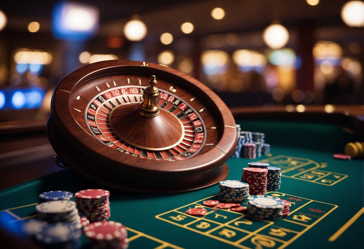 A roulette wheel spins, cards shuffle, and dice roll at a sleek casino, showcasing the concept of provably fair gaming