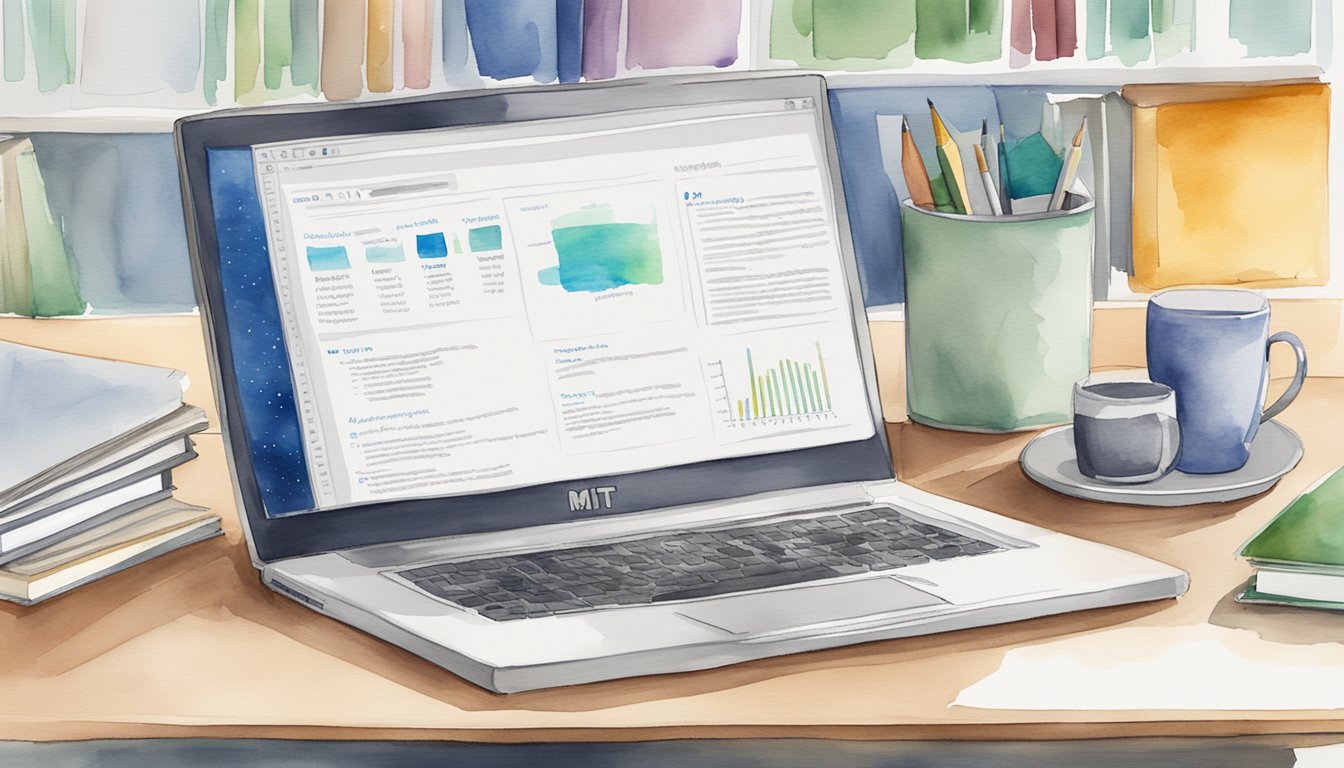 A laptop displaying MIT OpenCourseWare website with coding books and a whiteboard with full-stack development concepts in a modern office setting