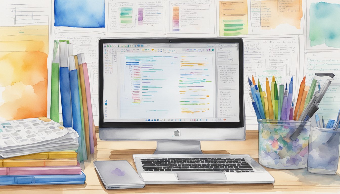 A laptop surrounded by coding books, a whiteboard with diagrams, and a desk cluttered with programming resources